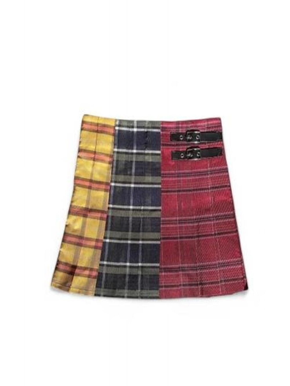 Y2K Punk Patchwork Plaid Pleated Mini Skirt Buckle Detail NWT XS